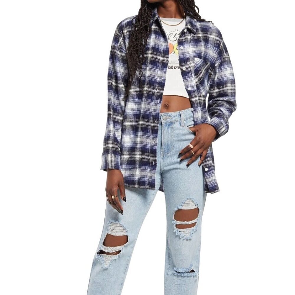 Banana Republic Boyfriend Oversized Plaid Shirt 2022 Blue Plaid Size S